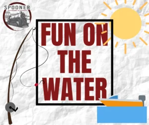 Graphic featuring the phrase "FUN ON THE WATER," with fishing rod, boat, and sun elements, representing outdoor activities in Spooner, Wisconsin.