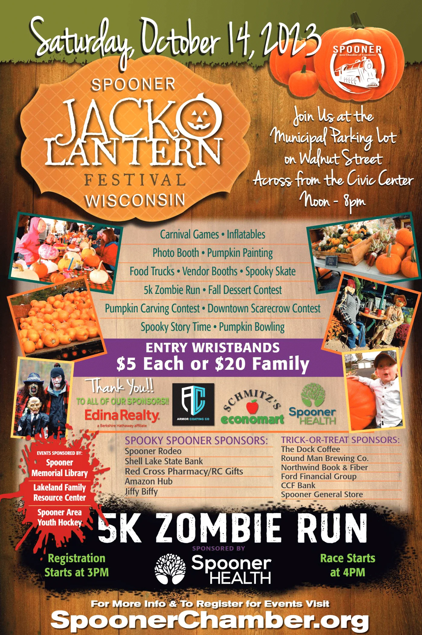 Jack-O-Lantern Festival event poster for Spooner, Wisconsin, featuring pumpkins, carnival games, and vendor booths.